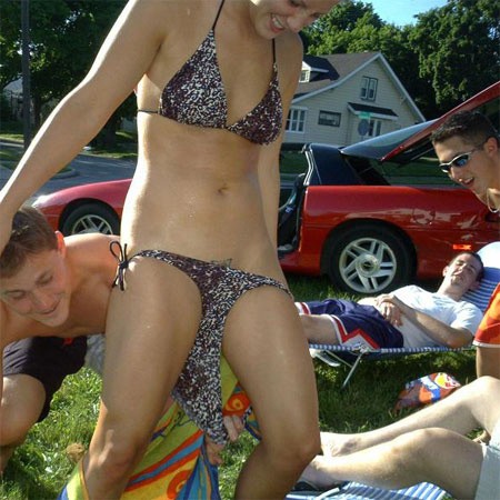 Coed Pantsed, she smiles as she sees her Bikini Bottoms getting pulled South