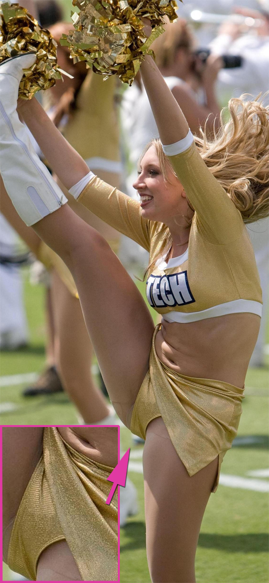 A blonde cheerleader is kicking giving us a great upskirt view