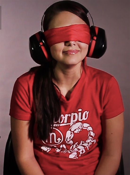 Bailey Knox is blindfolded