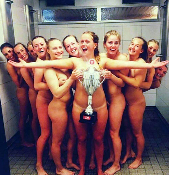 Sports team pose naked in the shower
