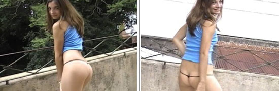 Nancy in a thong showing her tanlines