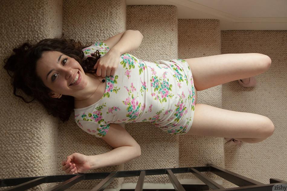 Hot girl nextdoor lays on the stairs with no panties on for Zishy