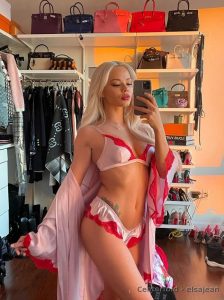 Gorgeous Elsa Jean posing in sexy red and white bra and panties for Playboy 