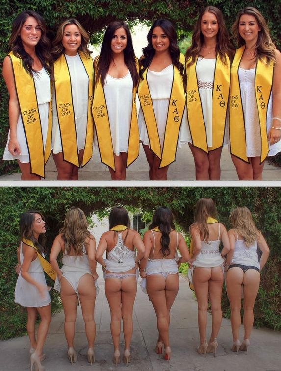 Graduation coeds lift their skirts